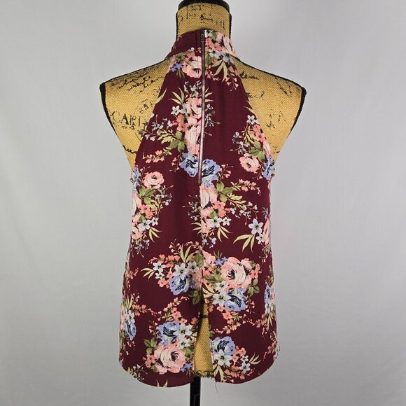 Blue Pan Halter Neck Floral Pleated Front Blouse Womens M Burgundy Pink Y2K Vibe - Picture 3 of 10